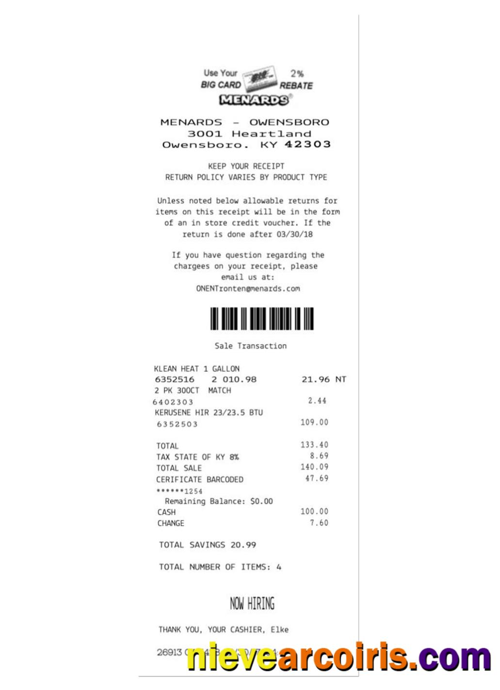 MENARDS payment receipt
